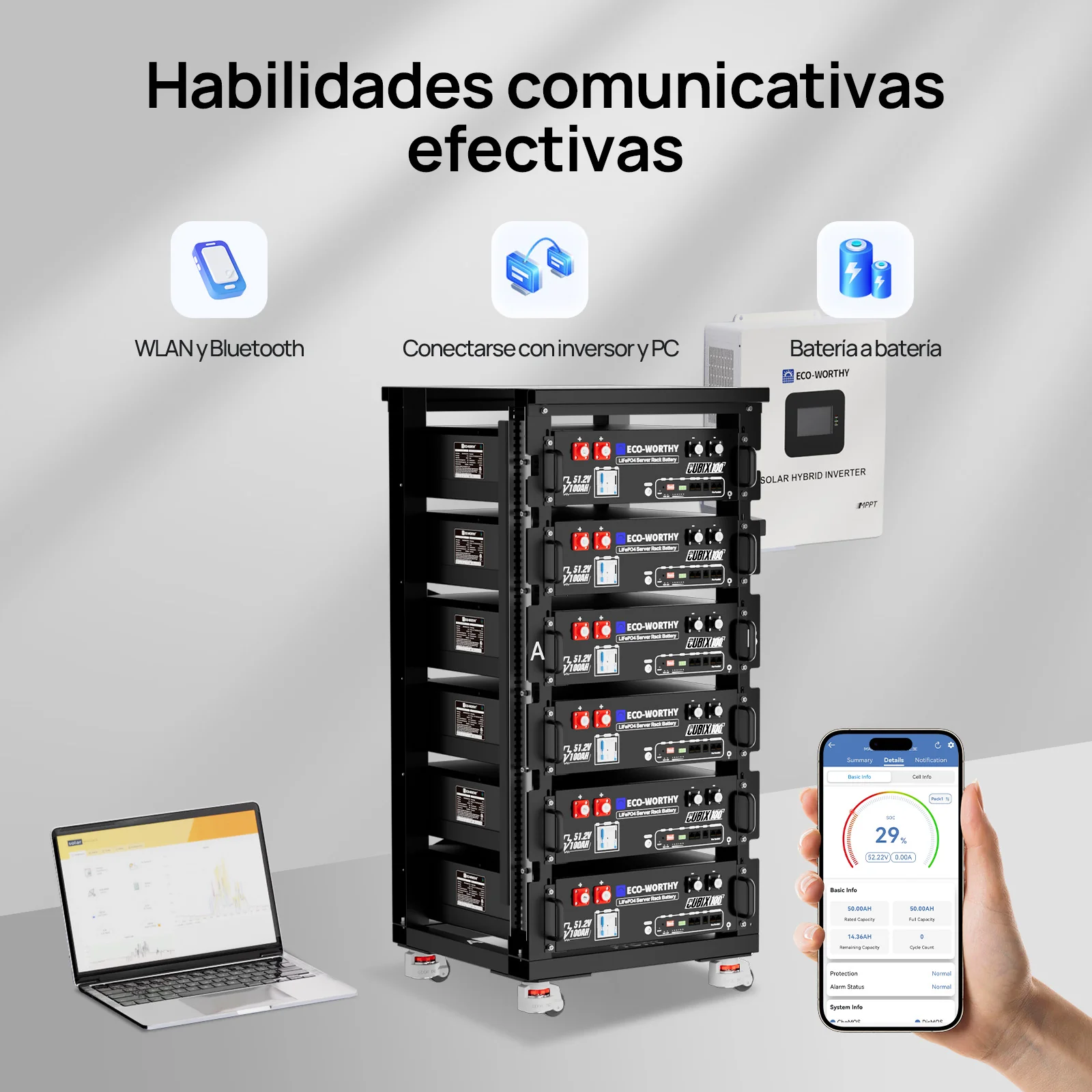 Batería para rack de servidor ECO-WORTHY de 48V(51,2V) 100 Ah LiFePO4, tamaño 3U, con Bluetooth y wifi- Versión 3 - Image 6