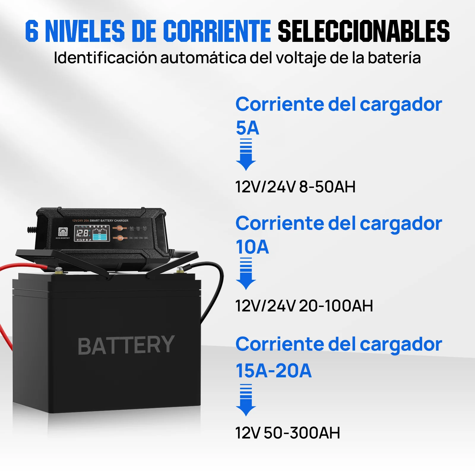 Cargador de batería inteligente de 20 A, 12 V/24 V con pantalla LCD para la mayoría de las baterías - Image 3
