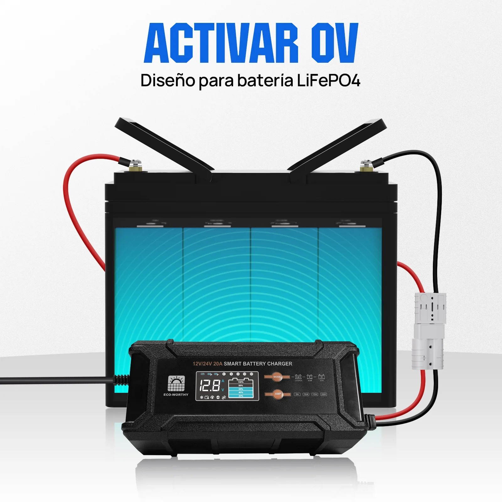Cargador de batería inteligente de 20 A, 12 V/24 V con pantalla LCD para la mayoría de las baterías - Image 4