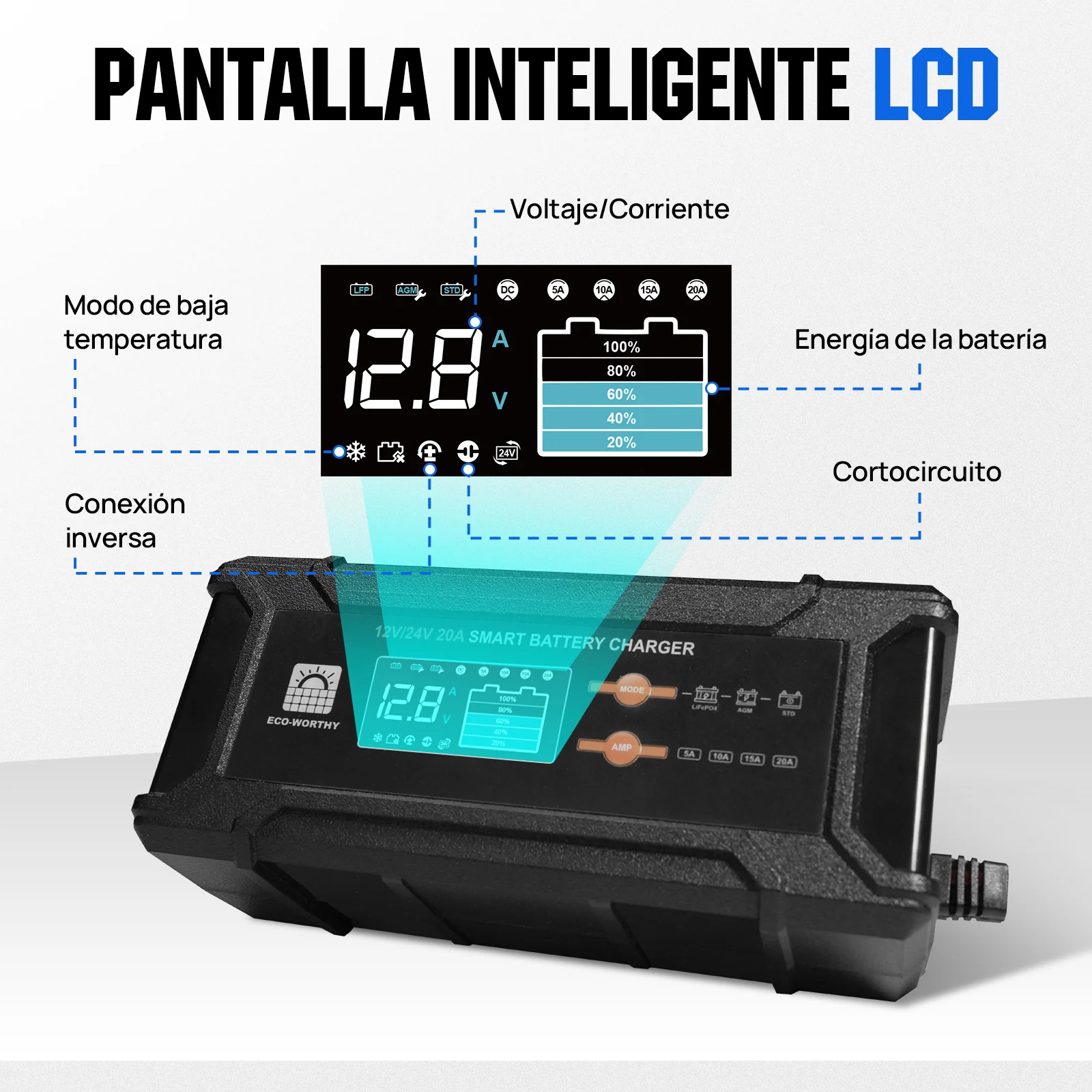Cargador de batería inteligente de 20 A, 12 V/24 V con pantalla LCD para la mayoría de las baterías - Image 5