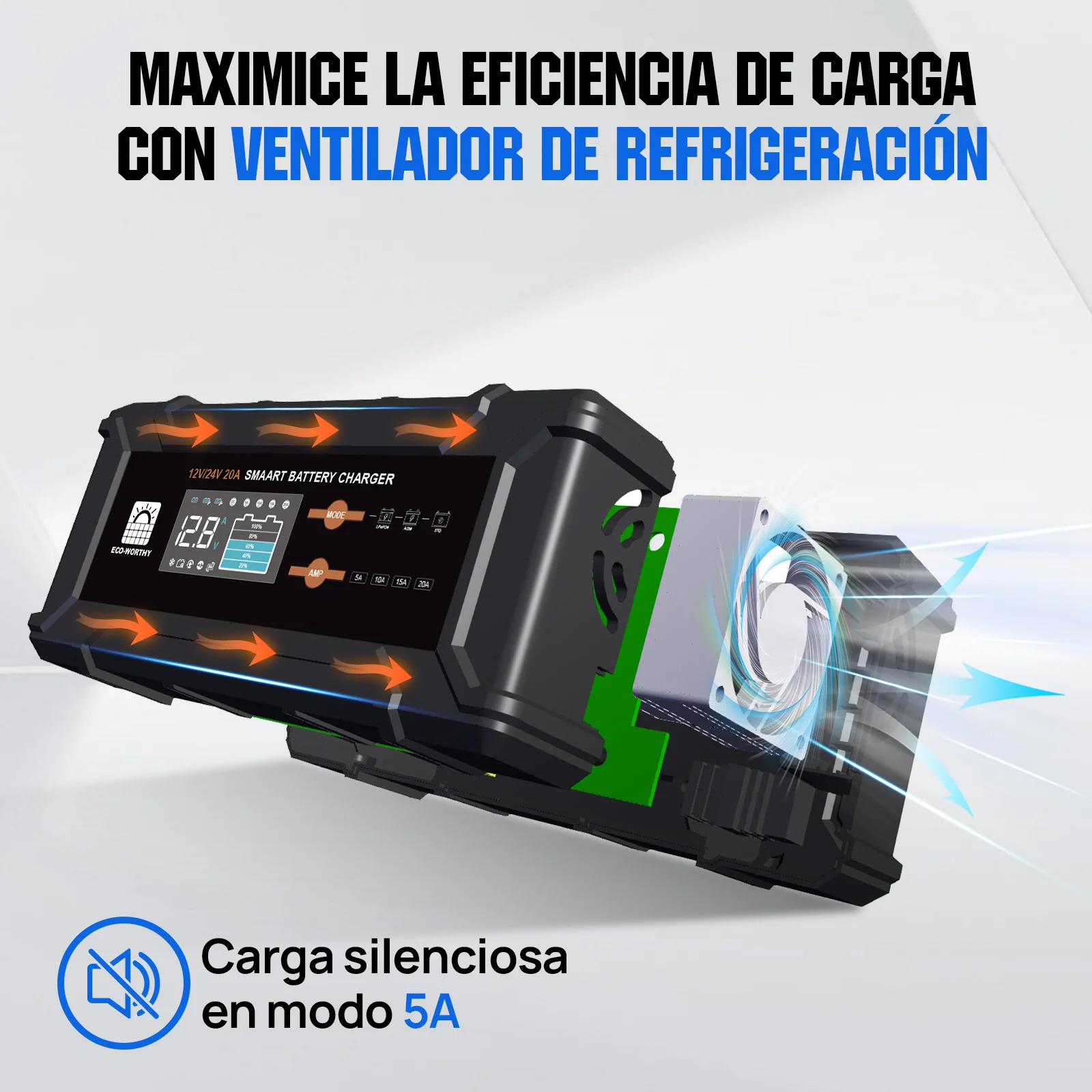 Cargador de batería inteligente de 20 A, 12 V/24 V con pantalla LCD para la mayoría de las baterías - Image 8