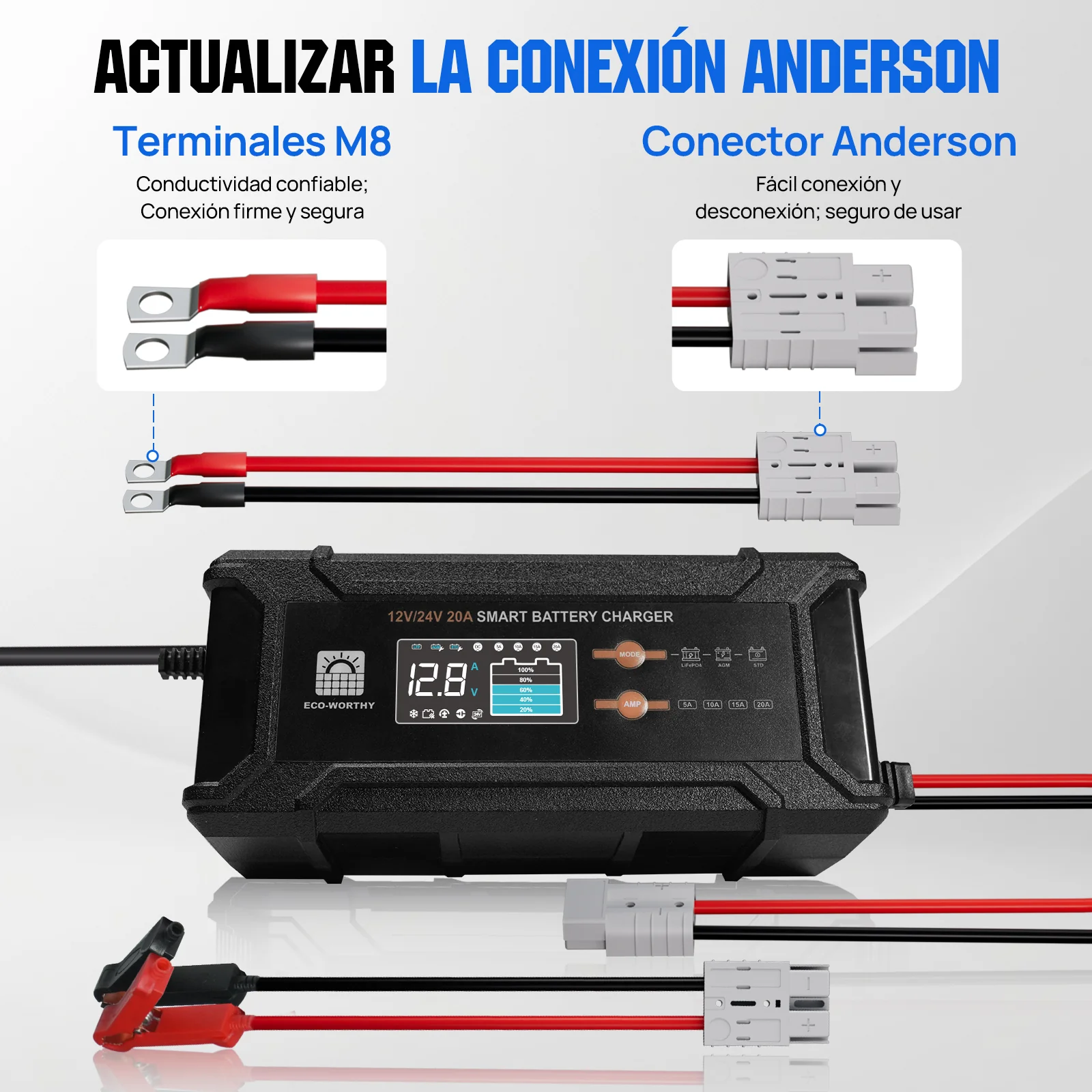 Cargador de batería inteligente de 20 A, 12 V/24 V con pantalla LCD para la mayoría de las baterías - Image 9