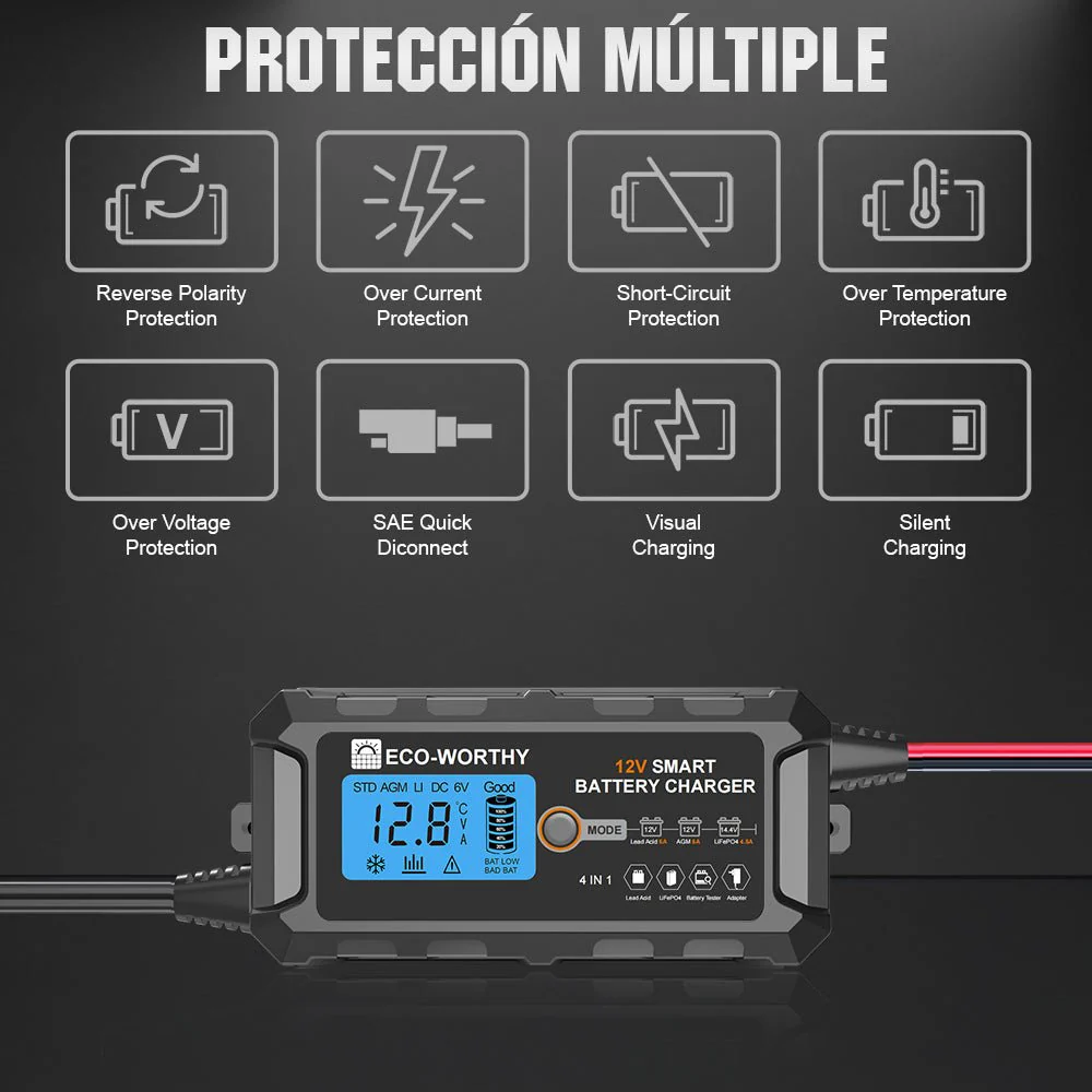 Cargador de batería inteligente automático de 5A y 10A 12V con pantalla LCD para baterías de litio (LiFePO4) - Image 3