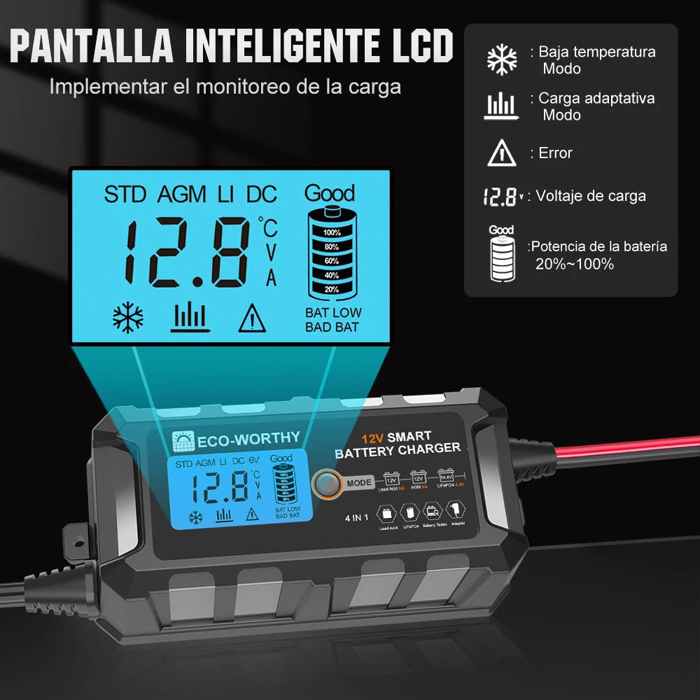 Cargador de batería inteligente automático de 5A y 10A 12V con pantalla LCD para baterías de litio (LiFePO4) - Image 4