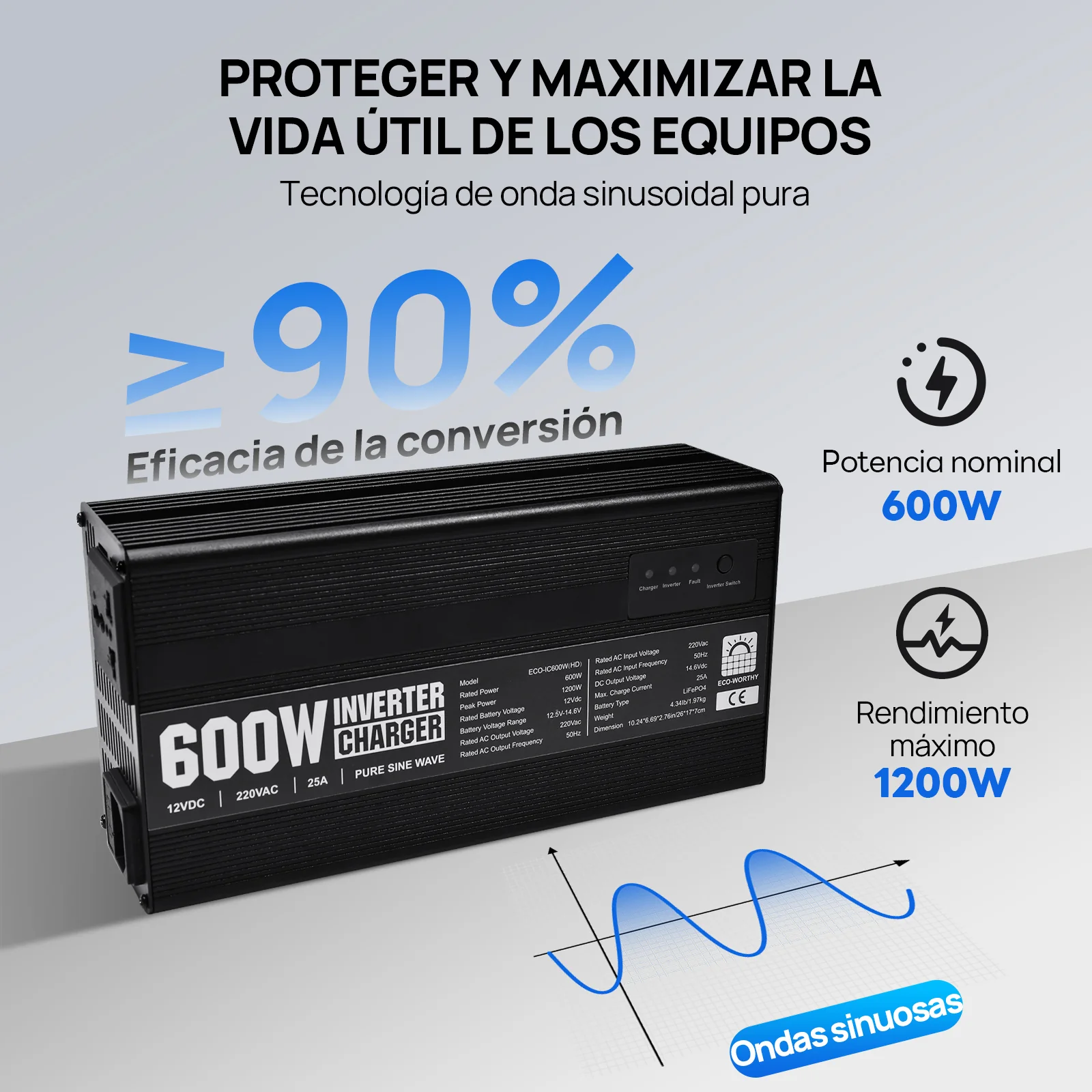 Cargador de batería LiFePO4 de 14,6V y 25A con inversor de 600 W de 12V a 230V para batería - Image 4