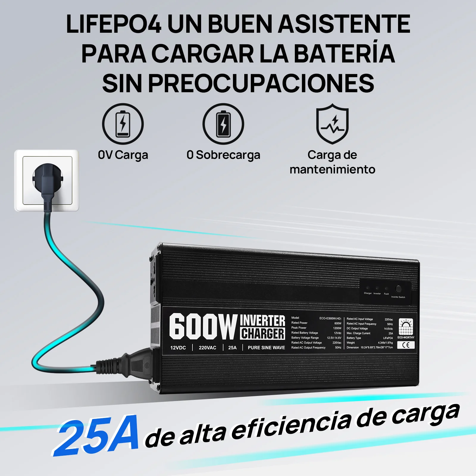 Cargador de batería LiFePO4 de 14,6V y 25A con inversor de 600 W de 12V a 230V para batería - Image 7