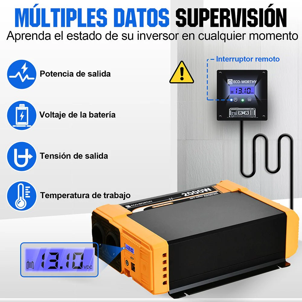 Inversor de Onda Sinusoidal Pura de 2000W de 12V a 230V para Kits Solares Aislada - Image 5