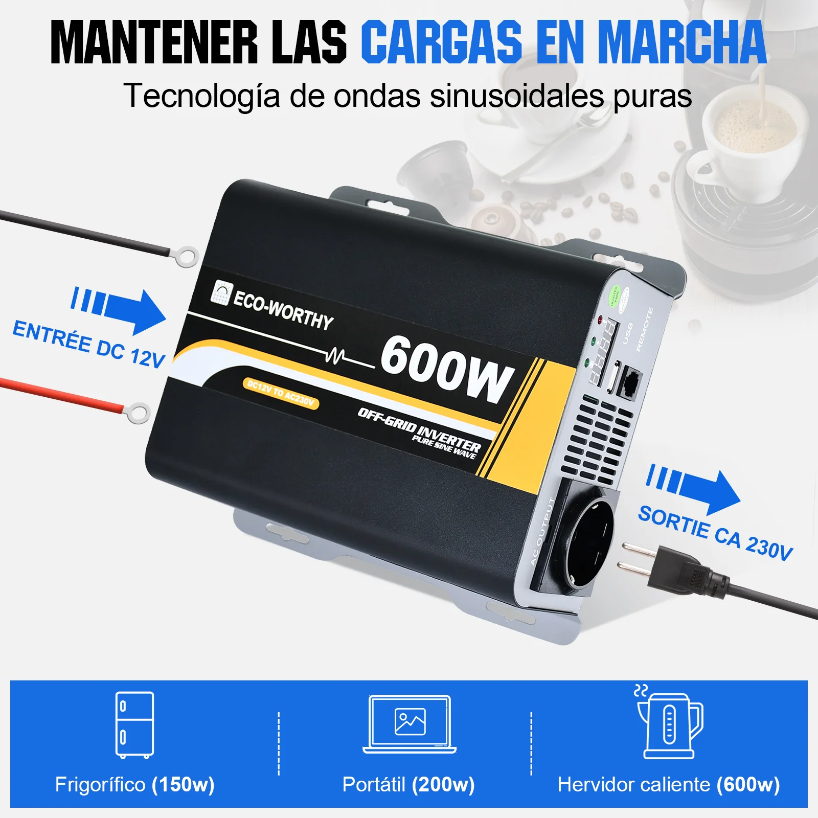 Inversor de Onda Sinusoidal Pura de 600W de 12V a 230V para Kits Solares Aislada - Image 3