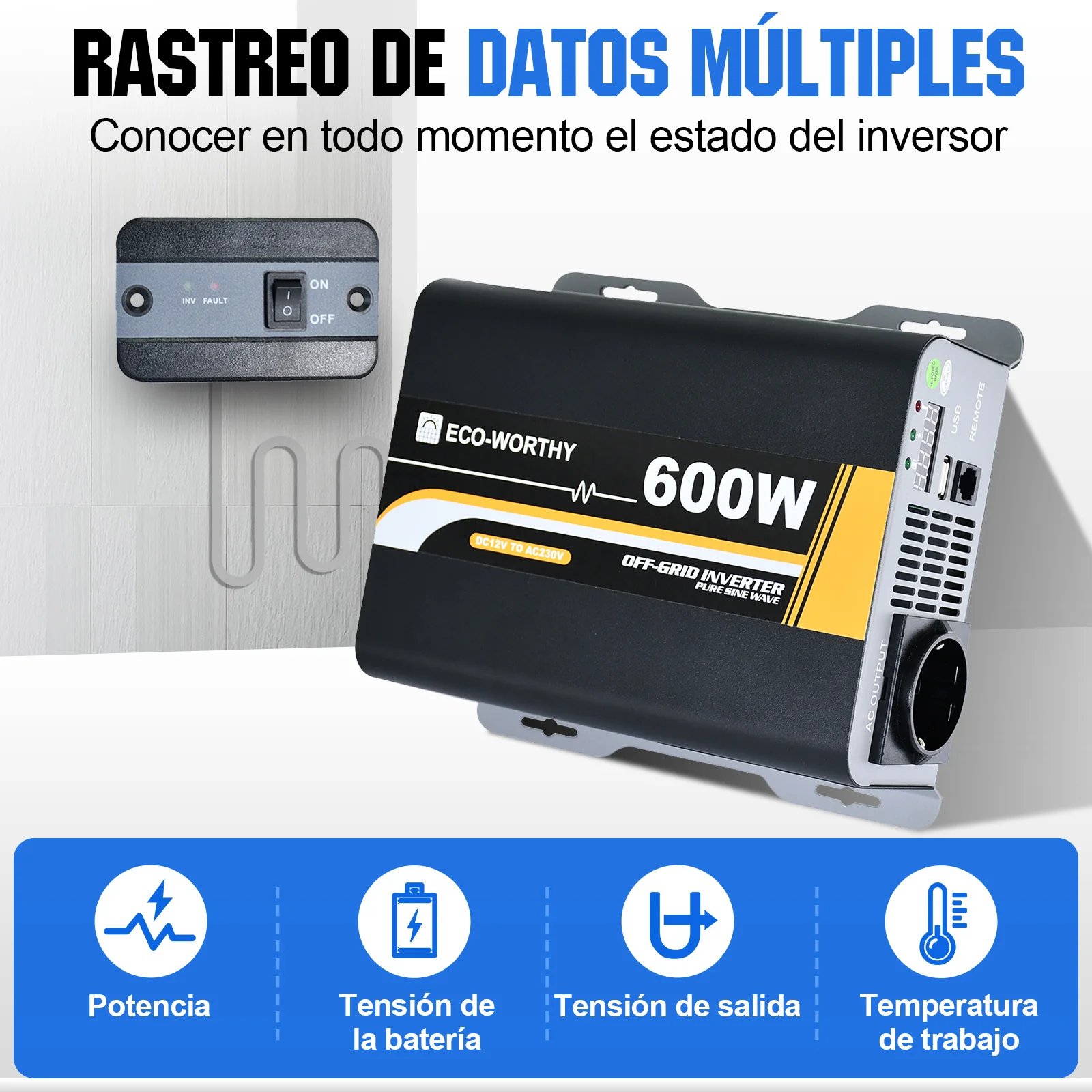 Inversor de Onda Sinusoidal Pura de 600W de 12V a 230V para Kits Solares Aislada - Image 6