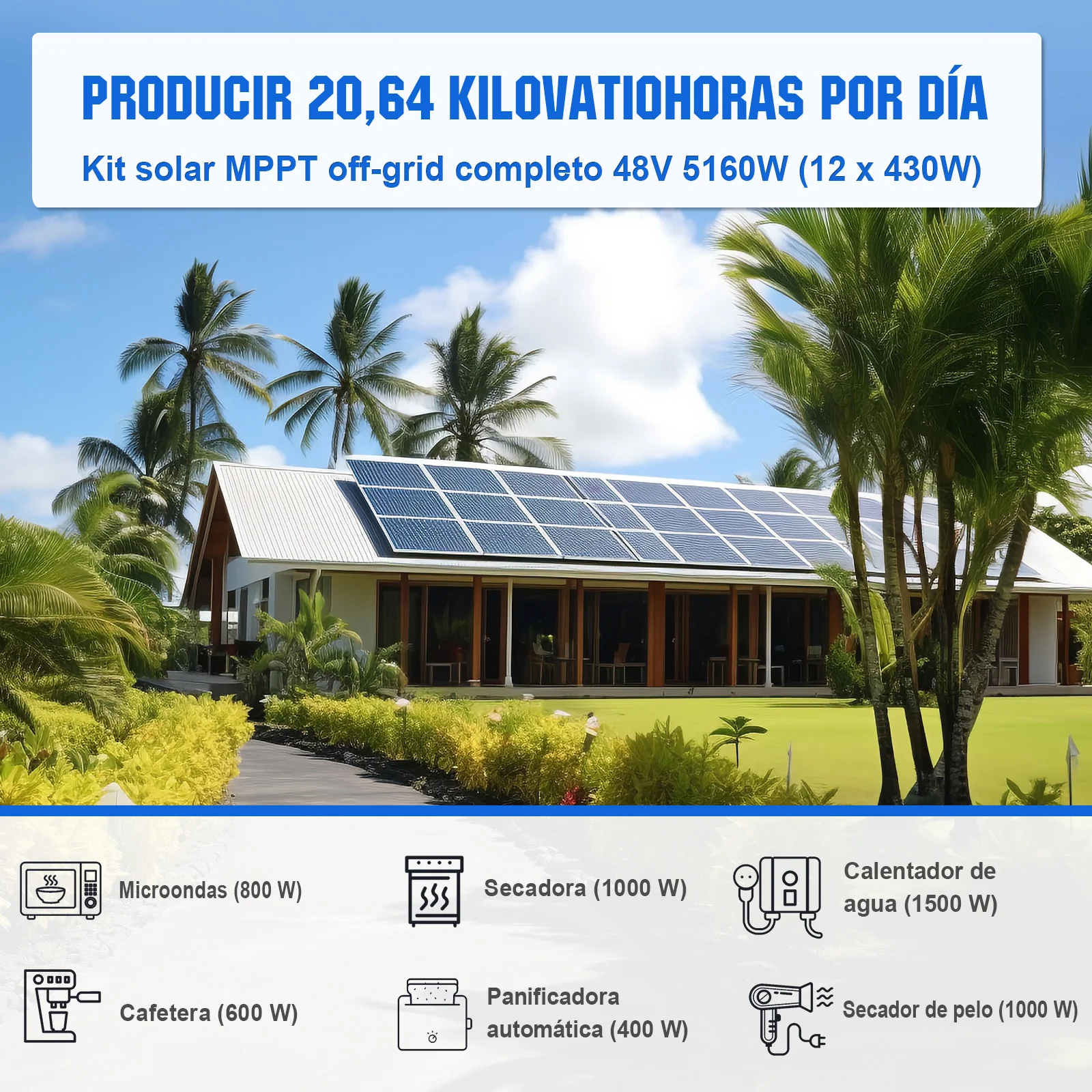 Kit solar MPPT completo para autoconsumo fuera de la red 48V 5160W (12x 430W) - Image 3